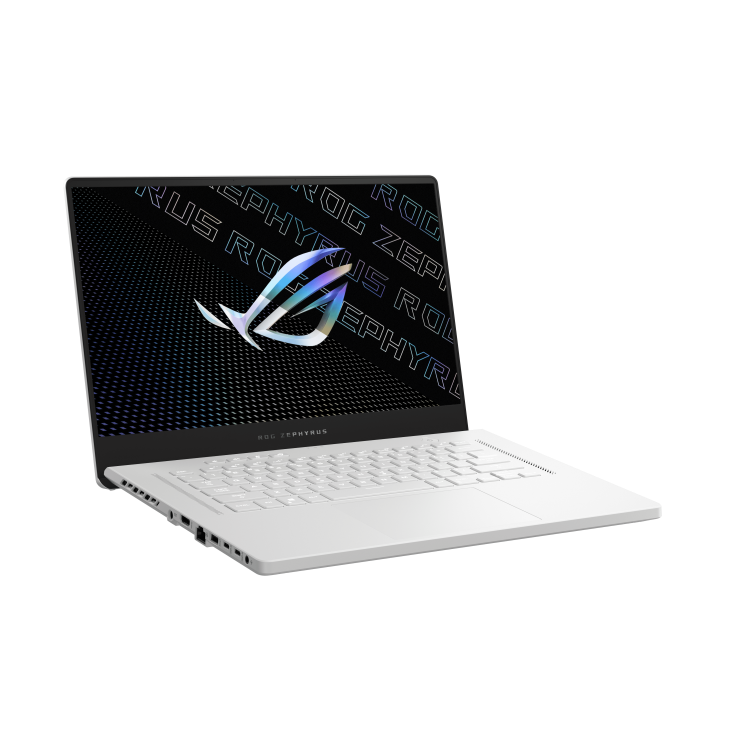 Off center front view of a white Zephyrus G15, with the ROG logo visible on screen.