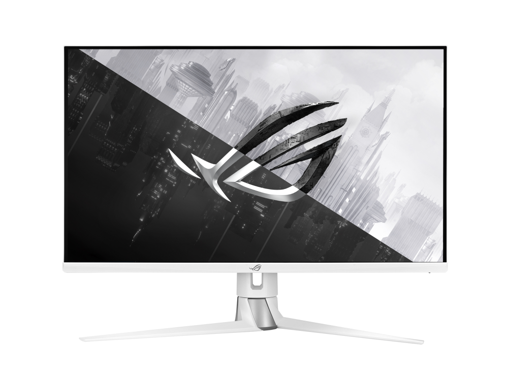 ROG Swift PG329Q-W product photo with front, back, side and tilt angle.