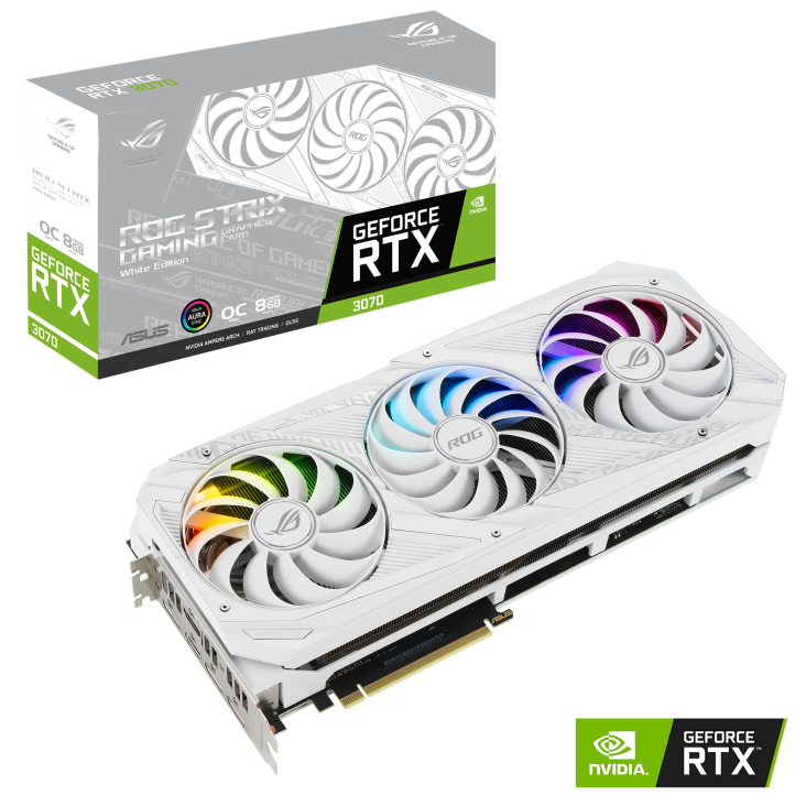 ROG-STRIX-RTX3070-O8G-WHITE graphics card and packaging with NVIDIA logo
