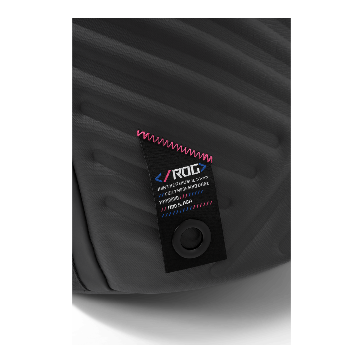 Close-up of ROG logo on fabric with stitching