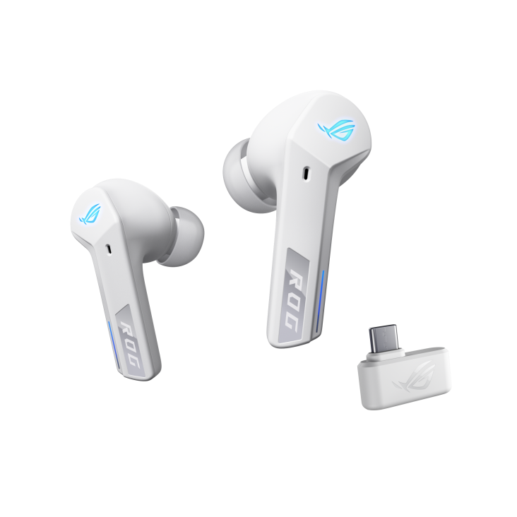 ROG Cetra True Wireless SpeedNova – front view of earbuds with 2.4GHz dongle in moonlight white edition​