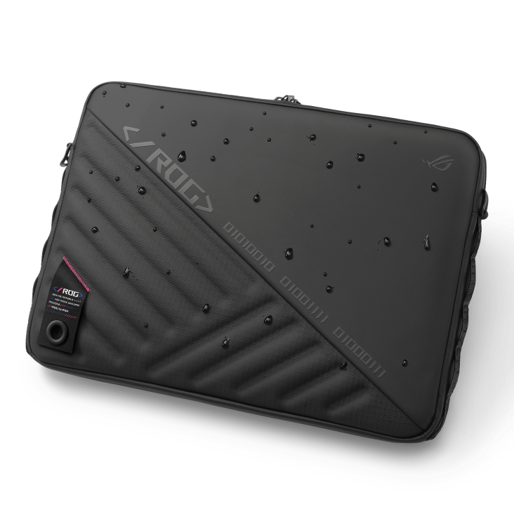 black ROG laptop sleeve with water droplets