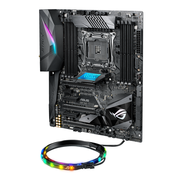 ROG STRIX X299-XE GAMING top and angled view from right, with ROG Addressable LED strip bundled