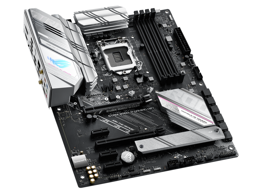ROG STRIX B560-A GAMING WIFI top and angled view from left