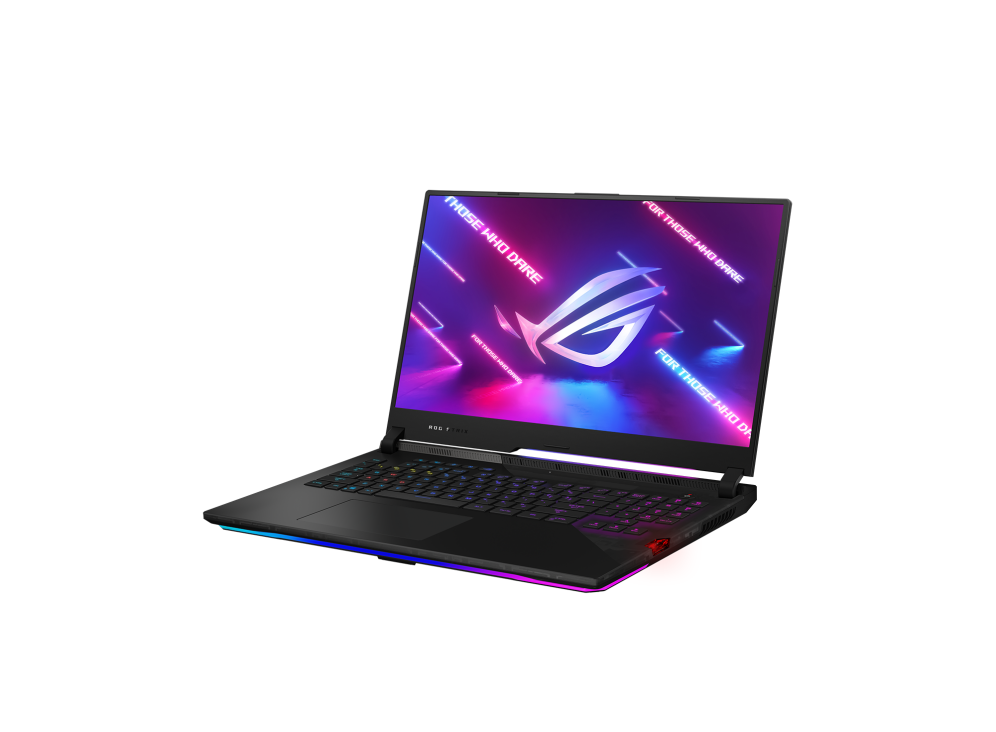 Off center front view of the ROG Strix SCAR 17, with the NumberPad and keyboard illuminated and ROG logo on screen.