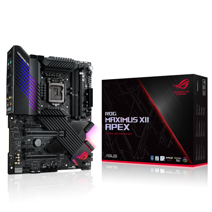 ROG MAXIMUS XII APEX angled view from left with the box