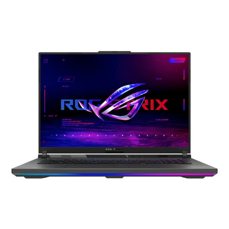 Front view of the Strix G18, with the ROG Fearless Eye logo visible on screen and the keyboard visible