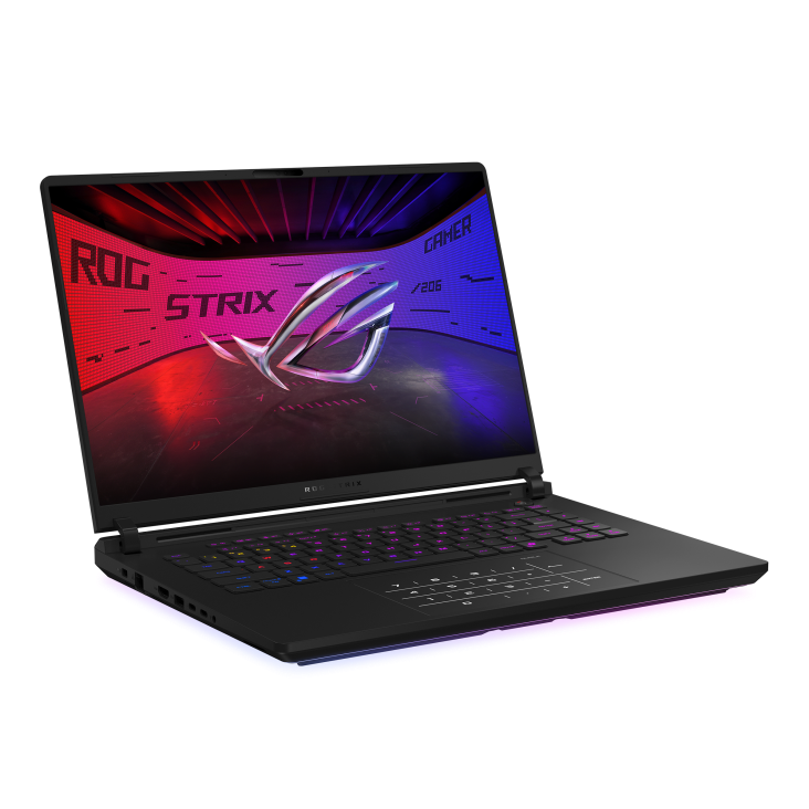 Off center shot of the front of the Strix SCAR 16, with the ROG Fearless Eye logo on screen