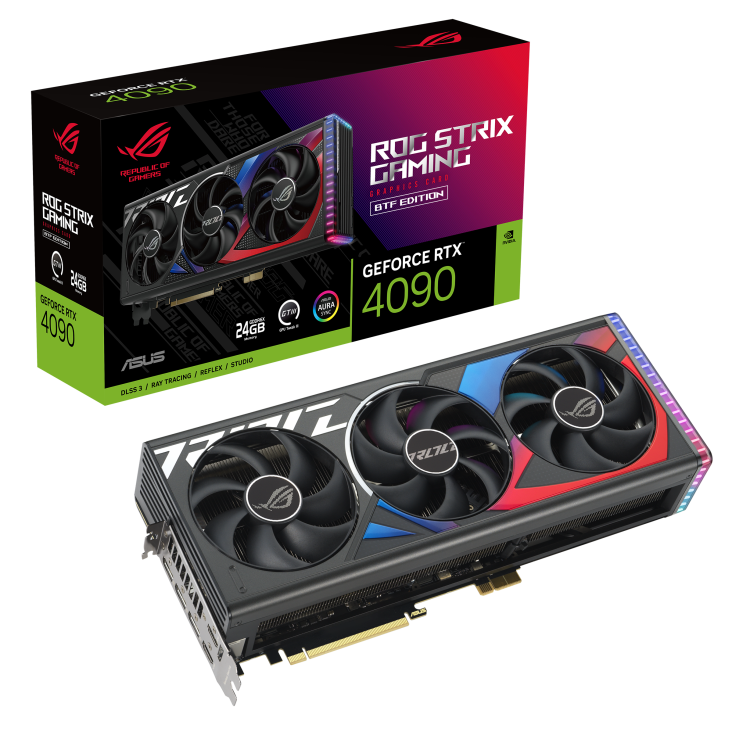 ROG Strix GeForce RTX 4090 BTF Edition packaging and graphics card