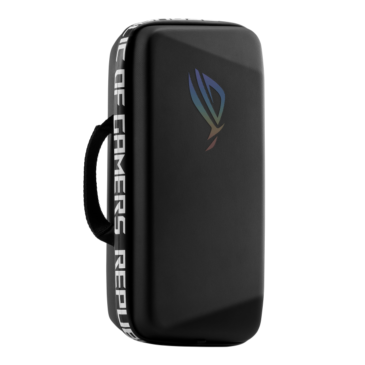 A black carrying case with a textured surface and a colorful ROG logo on top