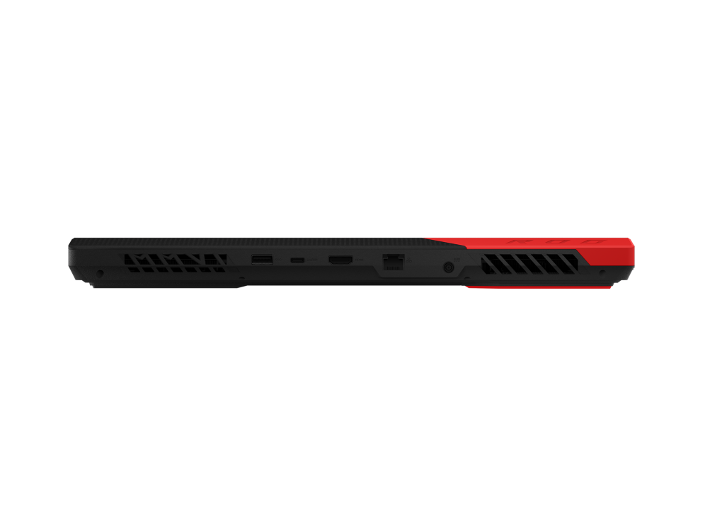 Profile view of the rear of the ROG Strix G15 Advantage Edition, with a USB-A, USB-C, HDMI, ethernet, and DC power port visible.