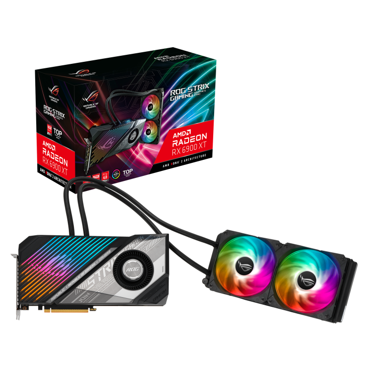 ROG-STRIX-LC-RX6900XT-T16G-GAMING packaging and graphics card