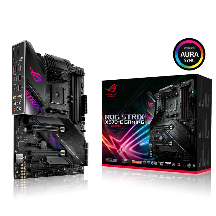 ROG Strix X570-E Gaming angled view from left with the box and Aura Sync