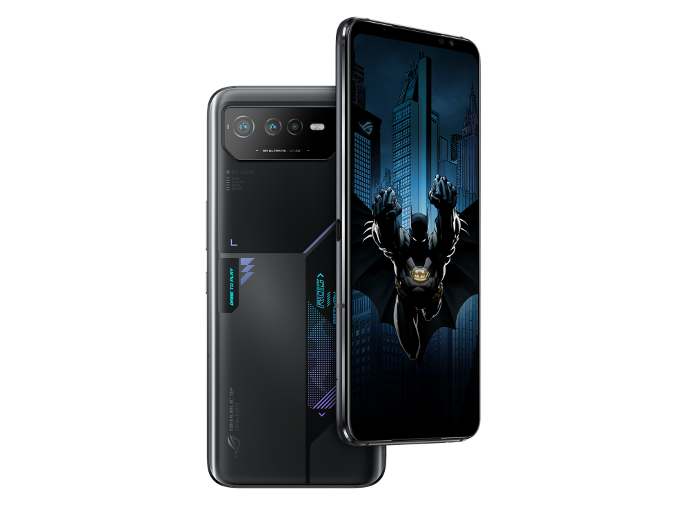 ROG Phone 6 BATMAN Edition angled view from front and the other BATMAN Edition angled view from back, tilting at 45 degrees