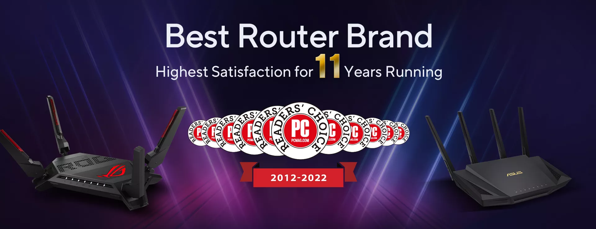 PCMag best router brand 11 years award banner with ROG Rapture GT-AX6000 and ASUS RT-AX58U