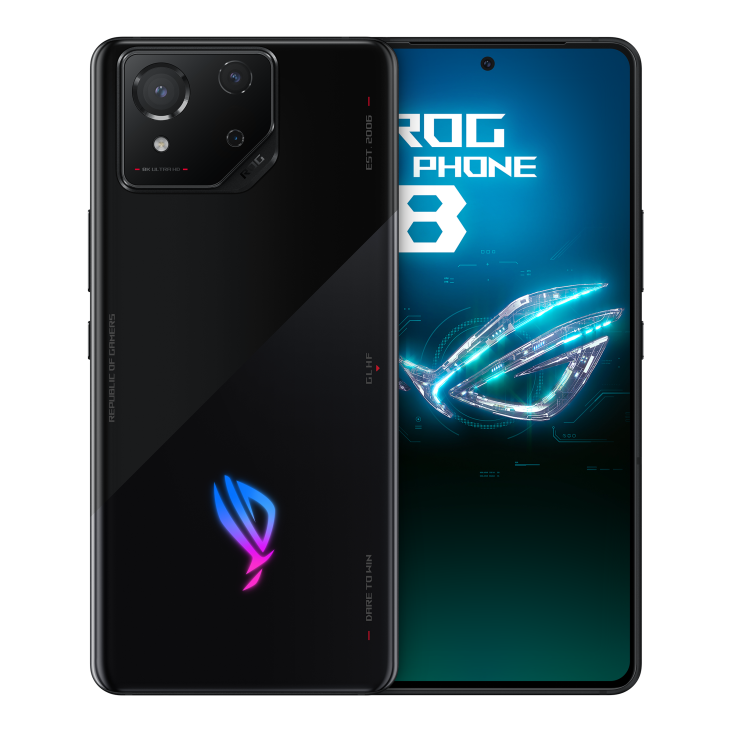 Two ROG Phone 8 in Phantom Black angled view from both front and back