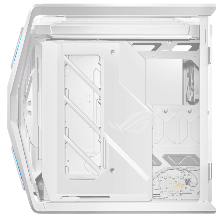 ROG Hyperion White right side view without side panel, showing the translucent cable cover