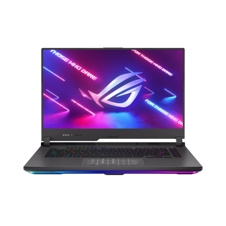 Front view of the ROG strix G15, with the ROG logo on screen.
