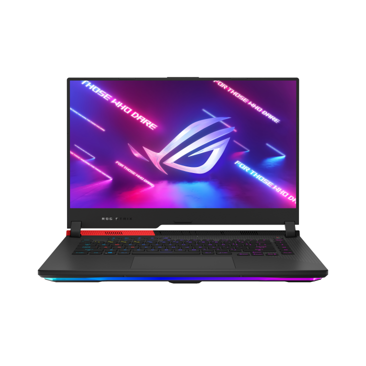 Off center front view of the ROG Strix G15, with the NumberPad and keyboard illuminated and ROG logo on screen.