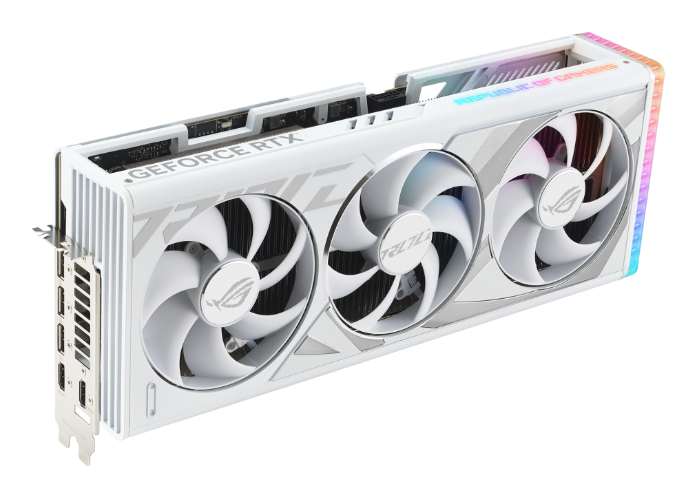 Angled top down view of the ROG Strix GeForce RTX 4090 white edition graphics card highlighting the fans, ARGB element, and IO ports