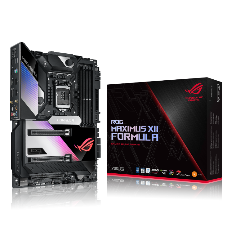 ROG MAXIMUS XII FORMULA angled view from left with the box