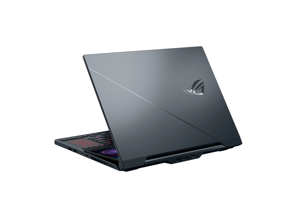 Off-center rear view of the ROG Zephyrus Duo 15 with the ROG Fearless Eye logo and slash design.