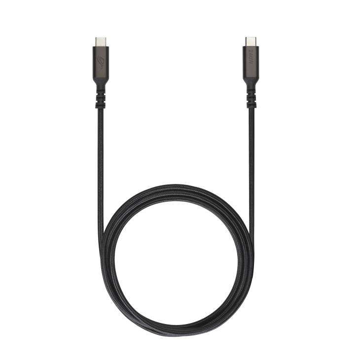 ROG 240W USB-C Cable with USB-C connectors on both ends, coiled into a loop.