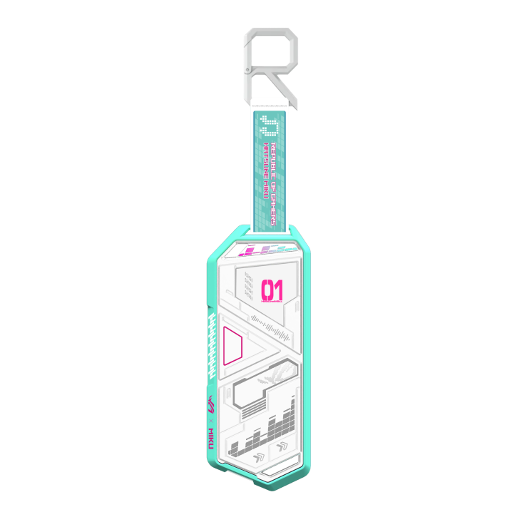 ROG Strix Arion Hatsune Miku Edition front shot with R-hook and protective holder