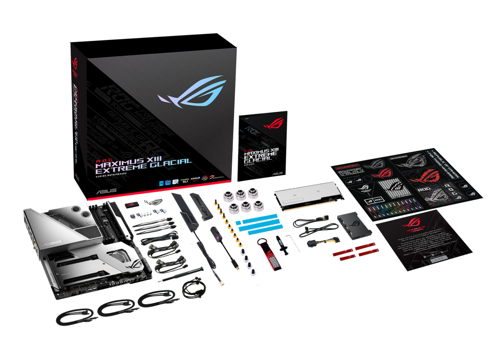 ROG Maximus XIII Extreme Glacial top view with what’s inside the box