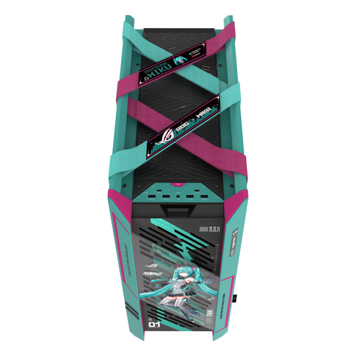ROG Strix Helios II Hatsune Miku Edition top-down view showing the X-shaped woven straps