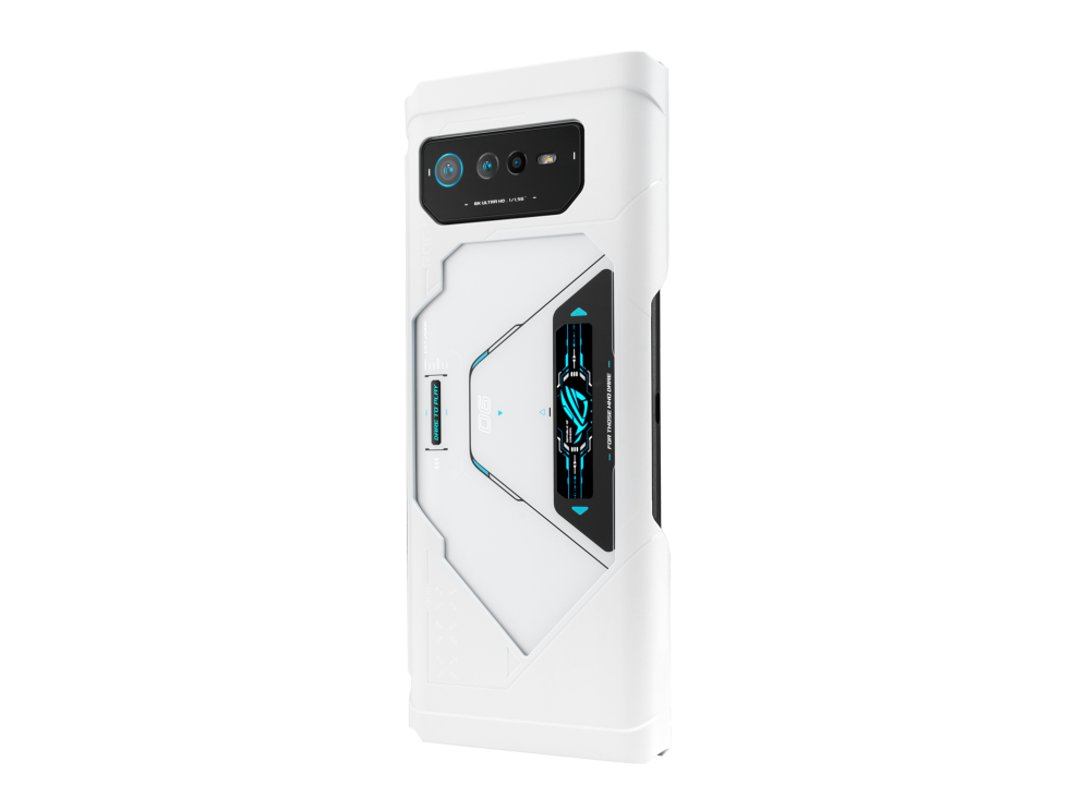 ROG Phone 6 Pro with a ROG Kunai 3 Gamepad Moonlight White Bumper angled view from back