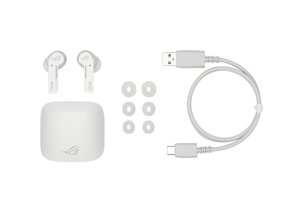 Cetra True Wireless in Moonlight White edition with three sizes of ear tips and charging cable