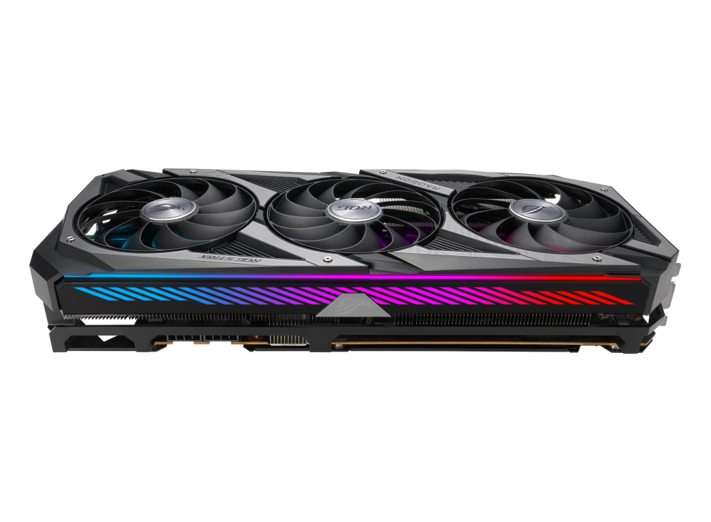 ROG Strix Radeon™ RX 6750 XT OC Edition graphics card, angled top view, showing off the ARGB element