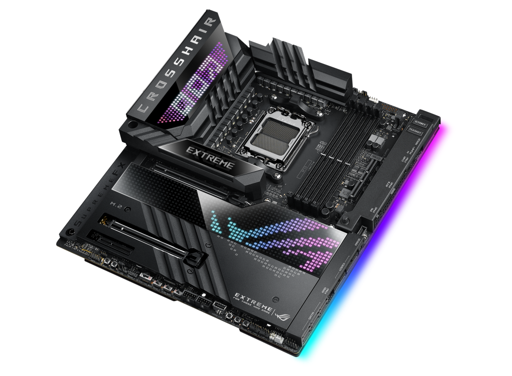 ROG CROSSHAIR X670E EXTREME top and angled view from right