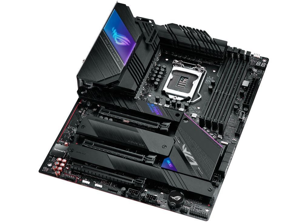 ROG STRIX Z590-E GAMING WIFI top and angled view from right