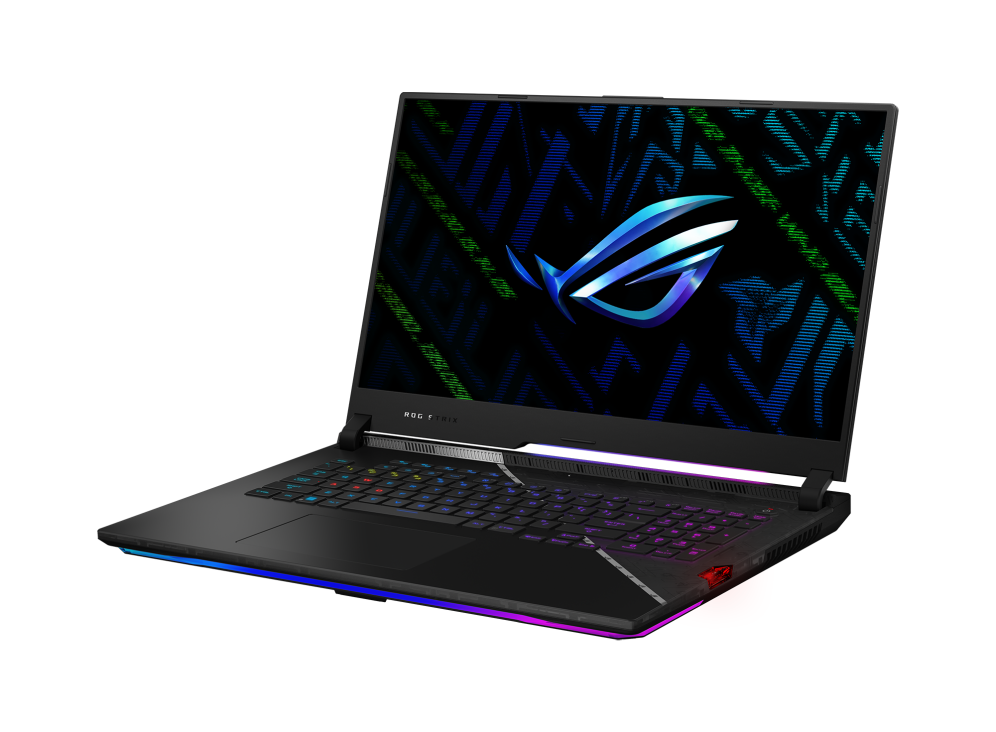 Off center front view of the Strix SCAR 17 SE, with the ROG logo on screen and keyboard illuminated.