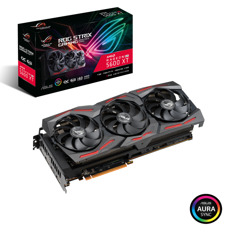 ROG-STRIX-RX5600XT-O6G-GAMING graphics card and packaging with NVIDIA logo