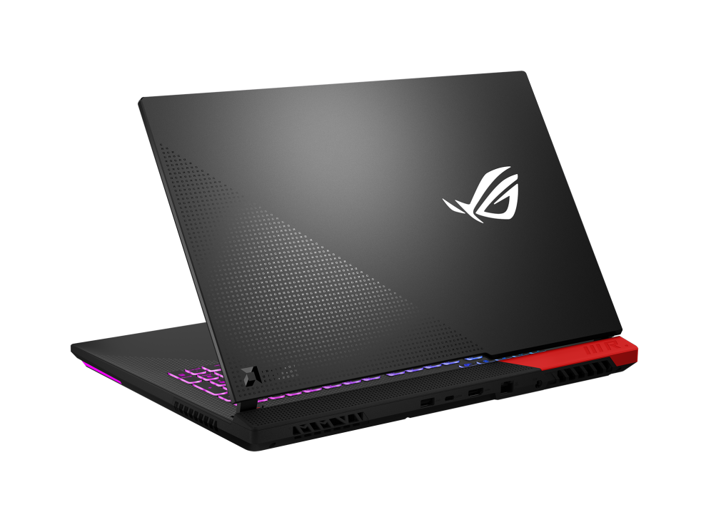 Off center rear view of the ROG Strix G17 Advantage Edition, with the lid half open.