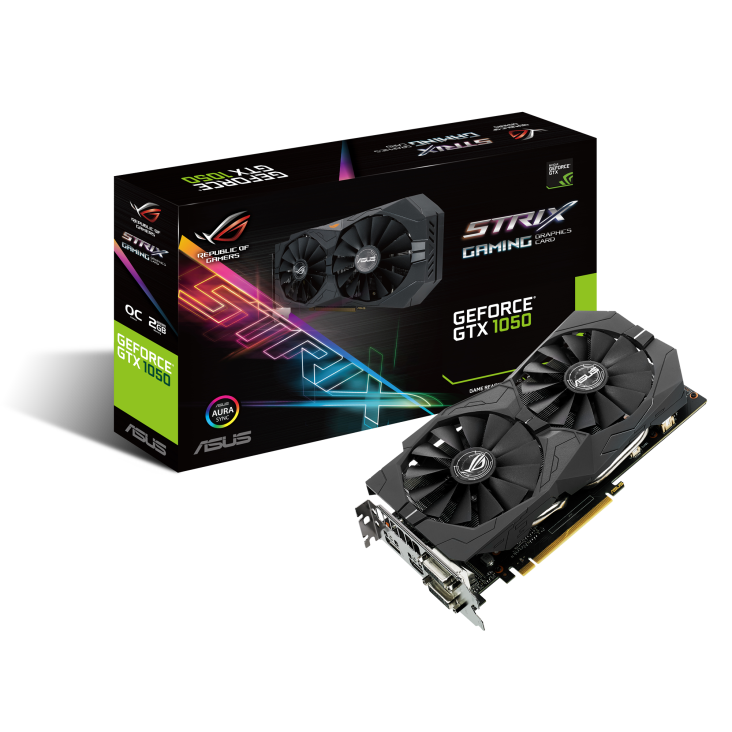 ROG-STRIX-GTX1050-O2G-GAMING graphics card and packaging