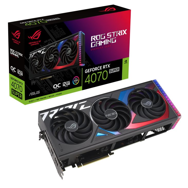 ROG Strix GeForce RTX 4070 SUPER OC edition packaging and graphics card