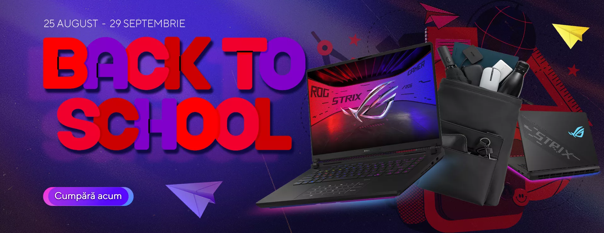 Doua laptopuri pozitionoate diametral opuc, unul deschis in mod cort, separate de un ghiozdan cu rechizite si accesorii iar pe fundal cu litere mari BACK TO SCHOOL