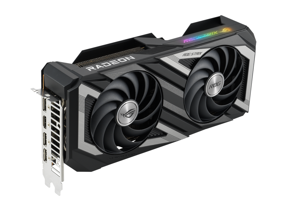 ROG Strix Radeon™ RX 6650 XT OC Edition graphics card, angled top down view, highlighting the fans, ARGB element, and I/O ports