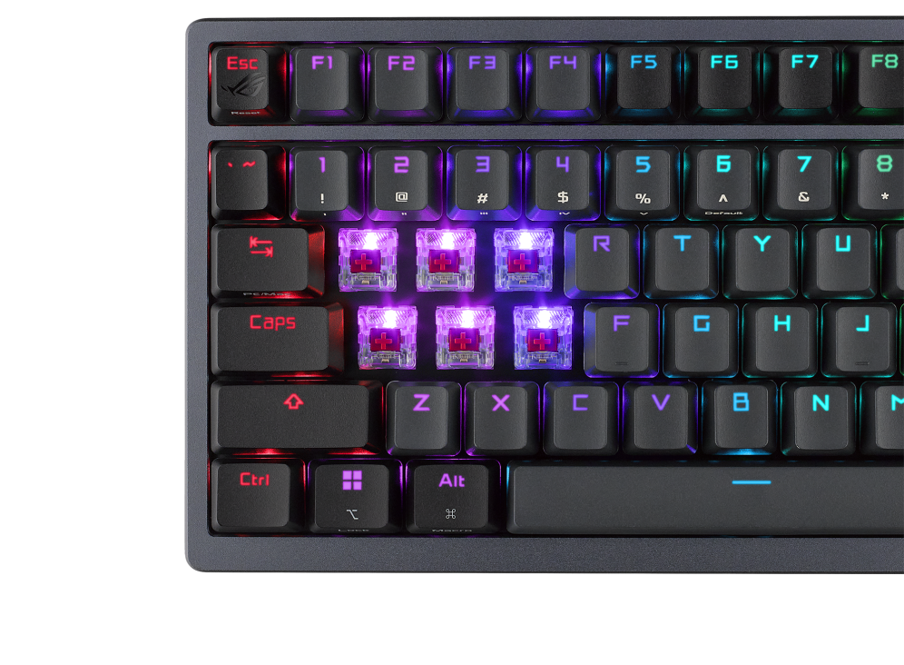 ROG Azoth, close-up front view on left section with six keycaps removed showing the ROG NX switches