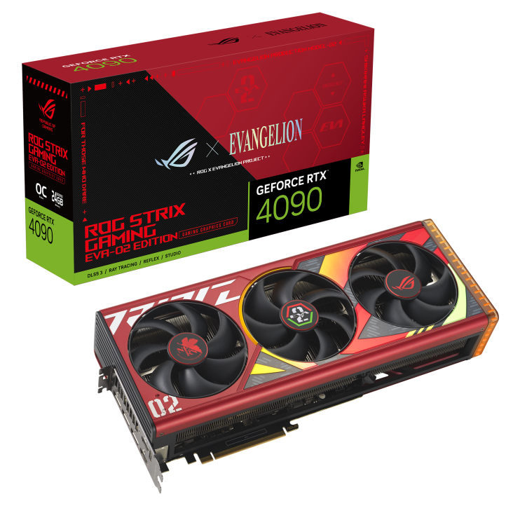 ROG Strix GeForce RTX 4090 EVA-02 OC edition packaging and graphics card