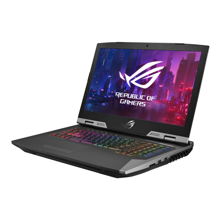 Off center front view of the ROG G703, with the lid open and the ROG "Fearless Eye" logo on screen.
