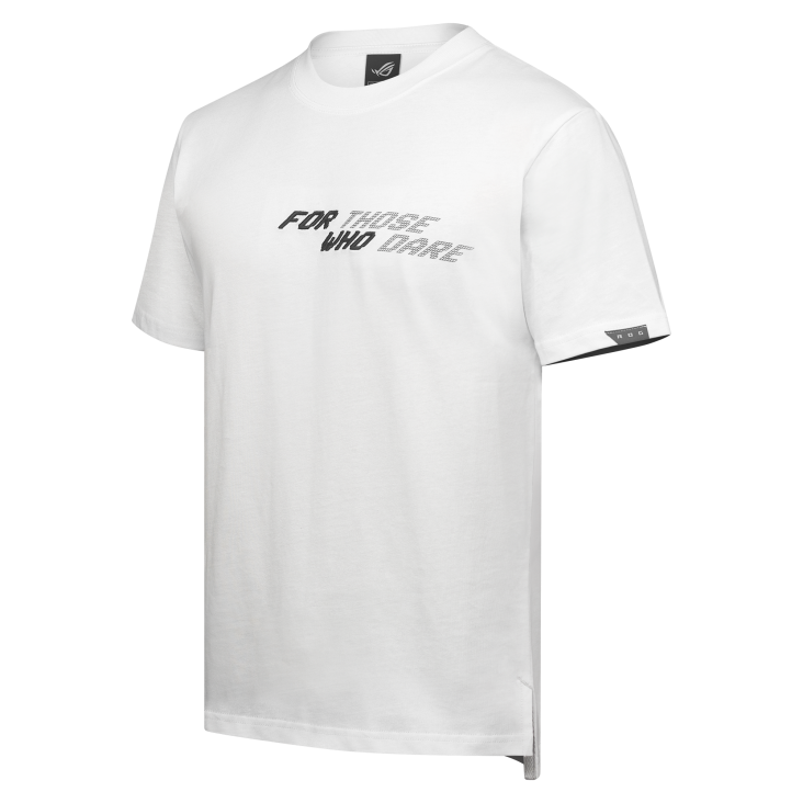 Front 45-degree angle view of ROG DigiPixel T-shirt in white