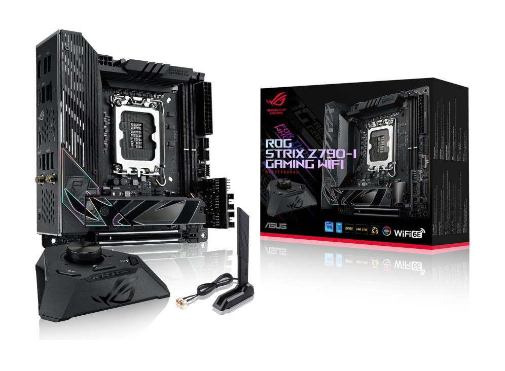 ROG STRIX Z790-I GAMING WIFI angled view from left with the box