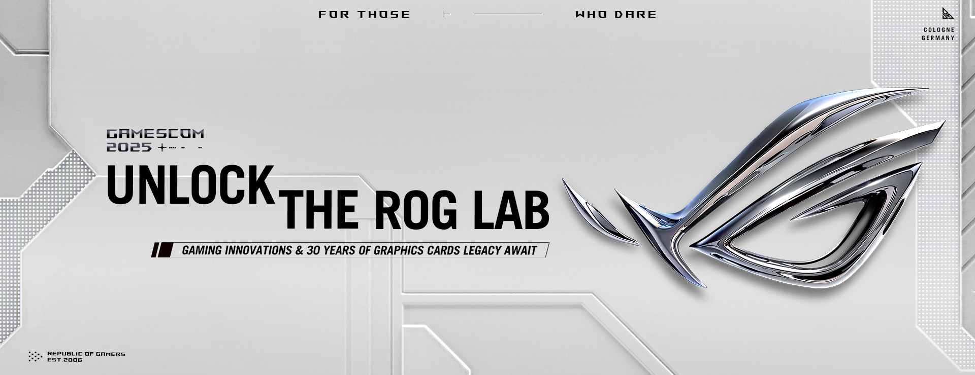 L'immagine mostra una superficie bianca con un design futuristico e geometrico. Non ci sono elementi naturalistici o persone presenti. Al centro, è ben visibile il logo ROG Republic of Gamers. L'immagine trasmette un'atmosfera tecnologica e moderna, legata ai giochi e ai computer.