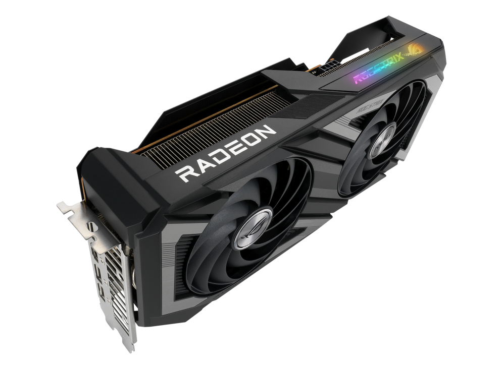 ROG Strix Radeon™ RX 6650 XT OC Edition graphics card,angled top down view, showcasing the Axial-tech fans and ARGB element