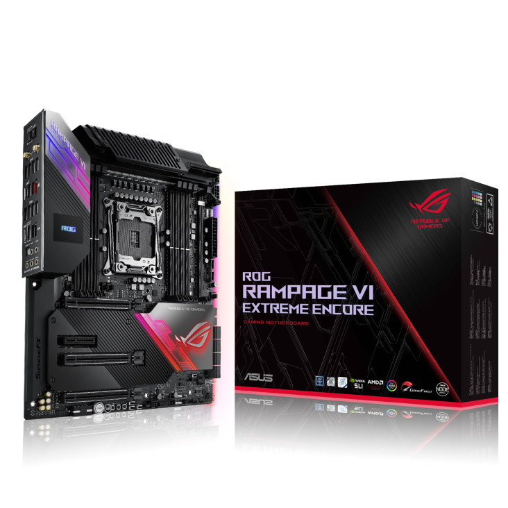 ROG Rampage VI Extreme Encore angled view from left with the box